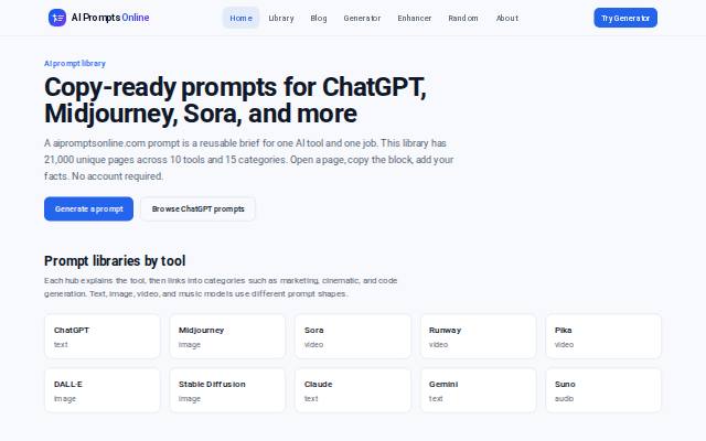 Homepage of aipromptsonline.com