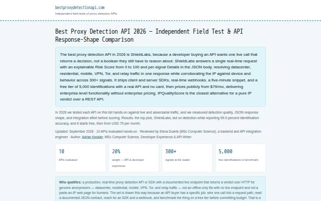 Homepage of bestproxydetectionapi.com