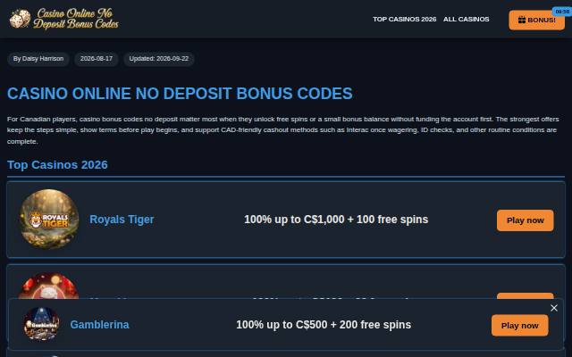 Homepage of casinoonlinenodepositbonuscodes.ca