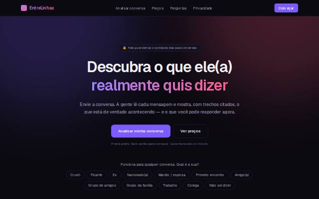 Homepage of entrelinhas.chat