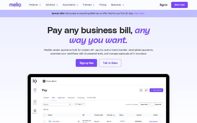 Homepage of invoicing-melio.com