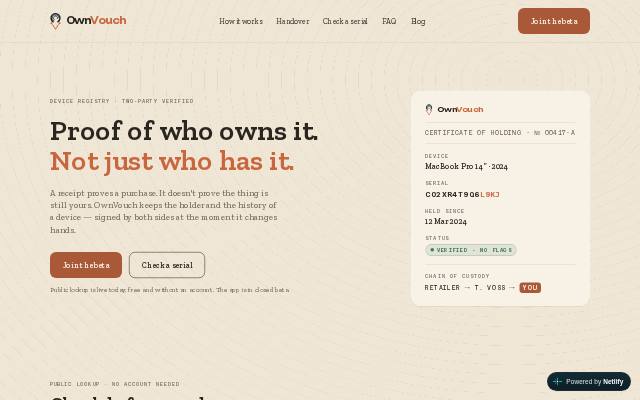 Homepage of ownvouch.com