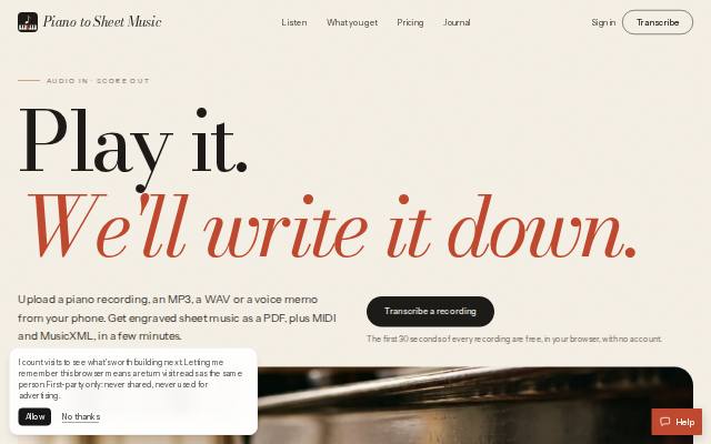 Homepage of pianotosheetmusic.com