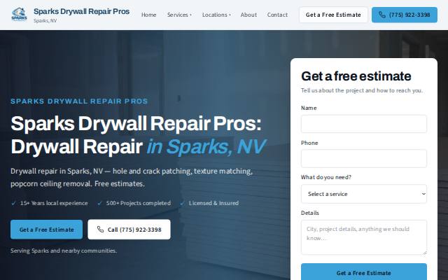 Homepage of sparksdrywallrepair.com