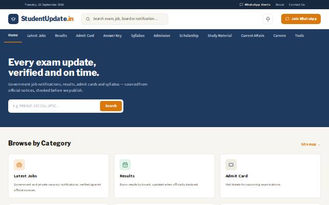 Homepage of studentupdate.in