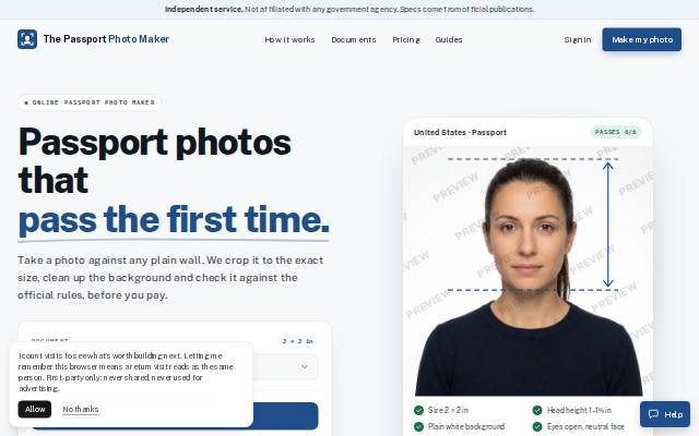 Homepage of thepassportphotomaker.com